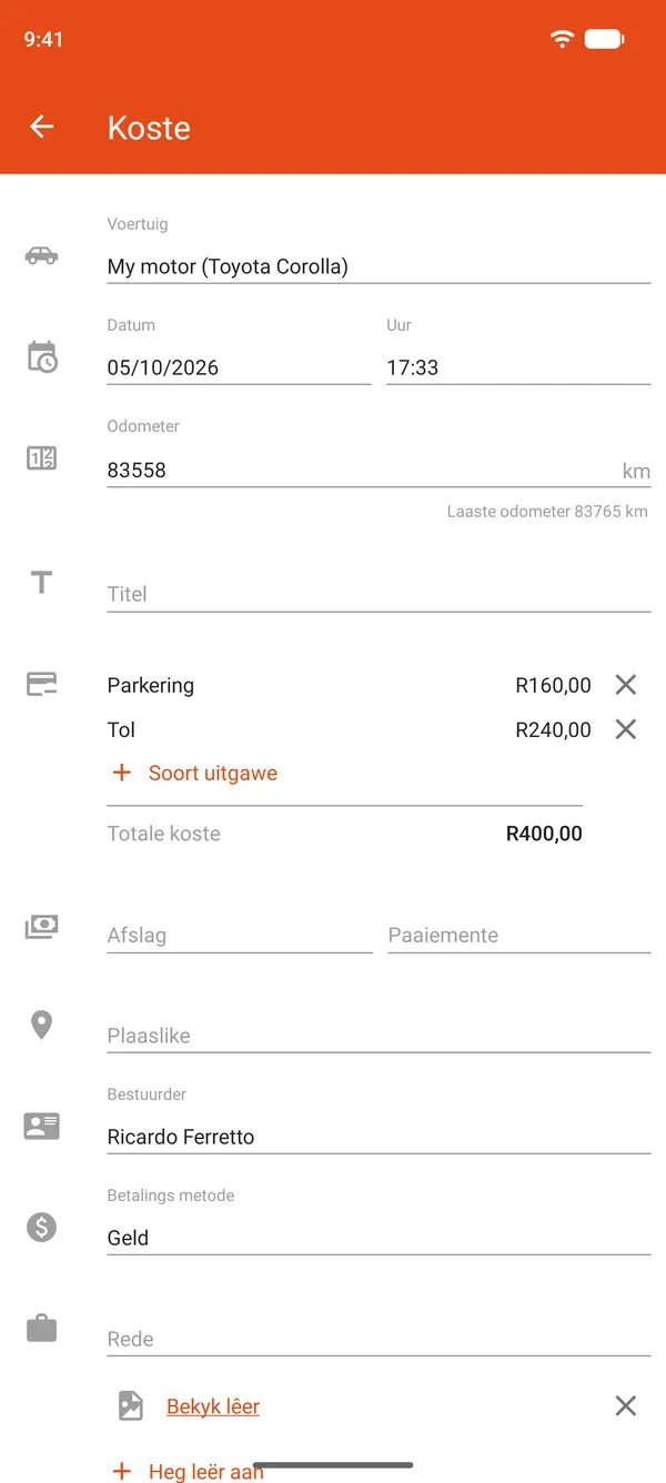 Uitgawe-inskrywing met parkering en tolgeld, 'n afslag en paaiemente