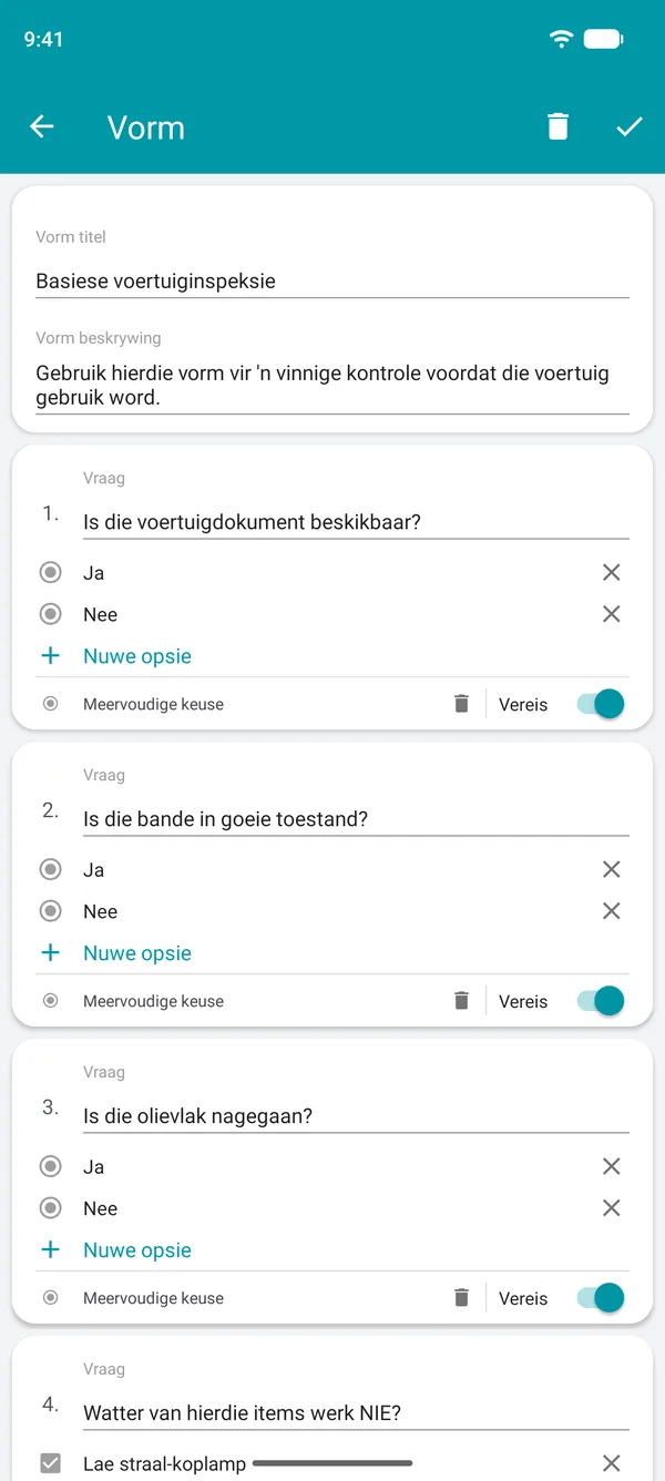 Skep 'n kontrolelysvorm in die Drivvo-app met ja- of nee-vrae en 'n verpligte veld