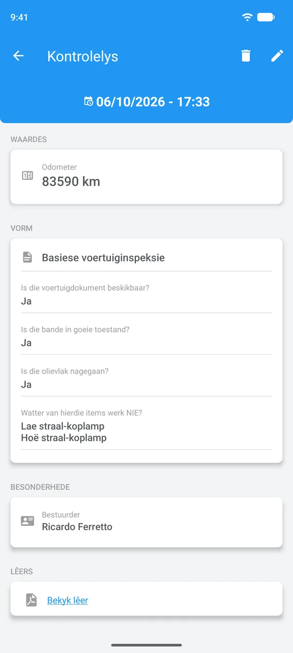 Voltooide kontrolelys in Drivvo, met die antwoorde, die bestuurder en die aangehegte lêer