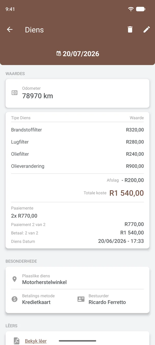 Besonderhede van 'n diens met die items, afslag, paaiemente, plek en bestuurder