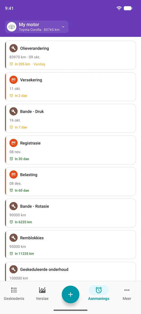 Herinneringe in die Drivvo-app vir diens, registrasie en belasting, met die tyd wat oorbly voordat elkeen betaalbaar is