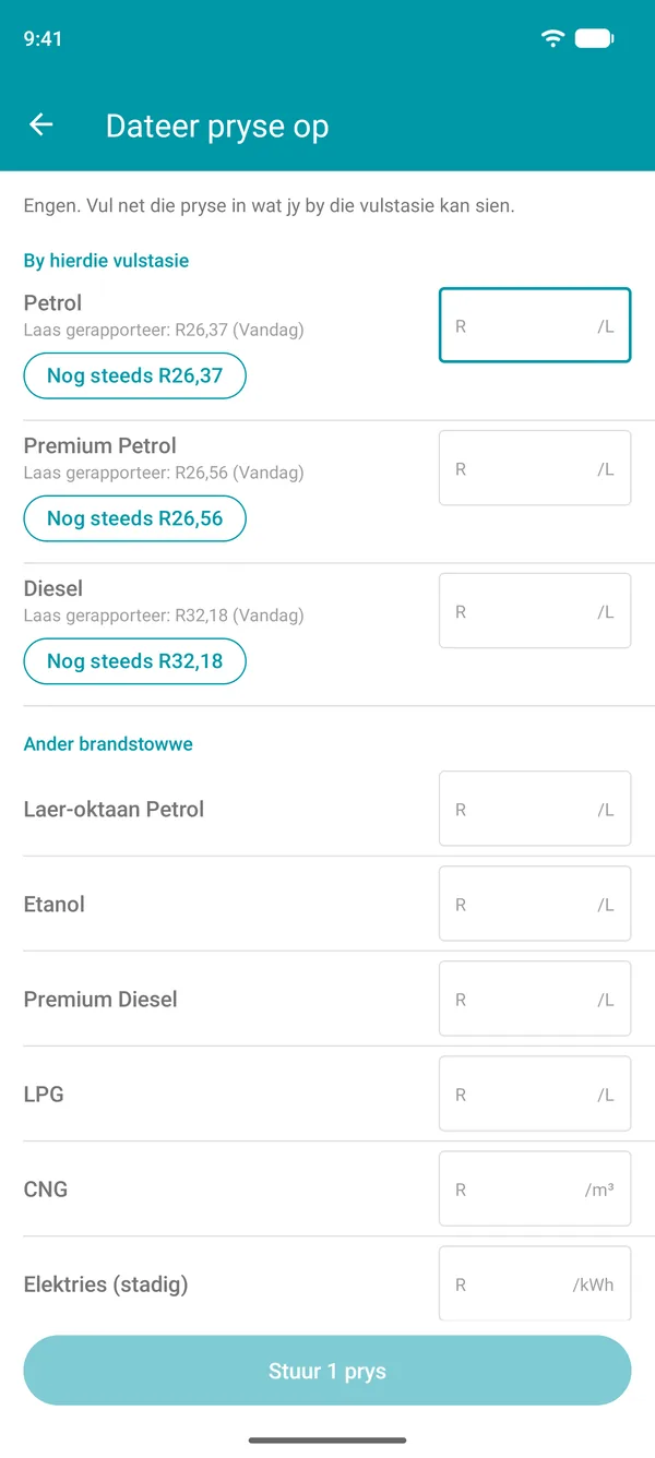 Skerm vir die opdatering van pryse in die Drivvo-app, met die laaste aangemelde prys van elke brandstof en 'n knoppie om dit te bevestig