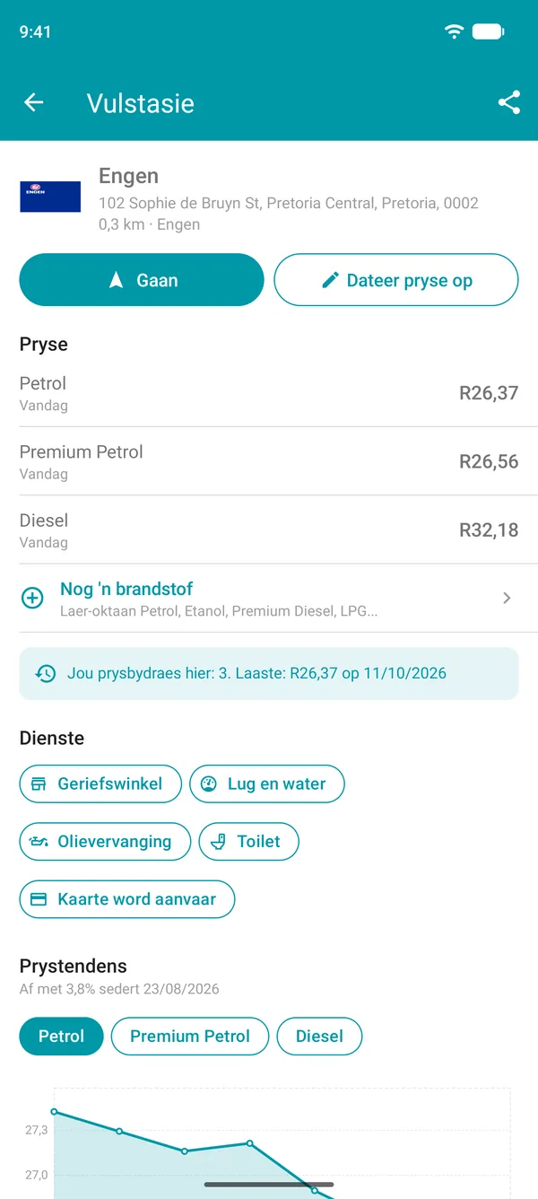 Vulstasiebesonderhede in die Drivvo-app met brandstofpryse, dienste en 'n grafiek van prysgeskiedenis