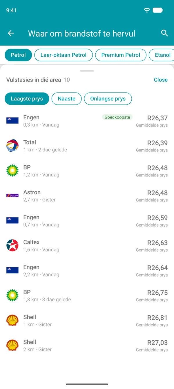 Lys van vulstasies naby jou in die Drivvo-app, van laagste prys af, met die opsie om volgens afstand te sorteer