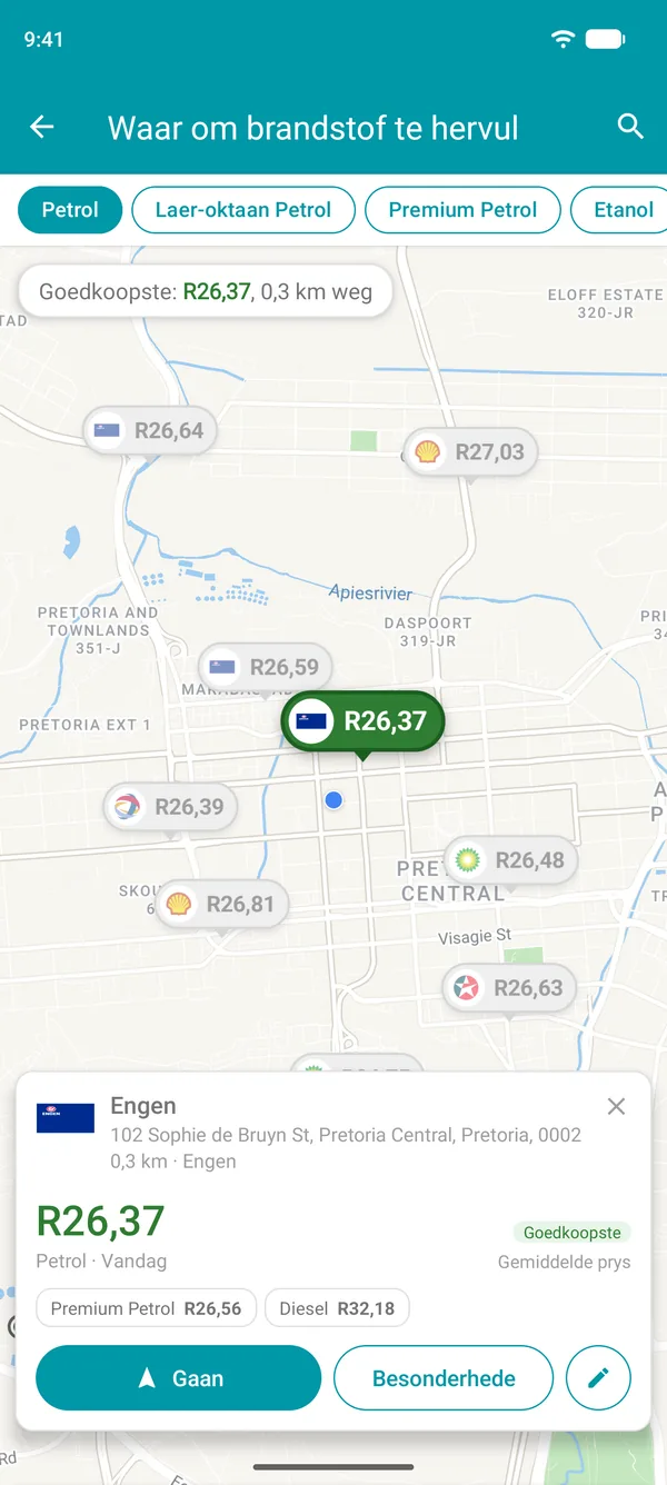Goedkoopste vulstasie oop in die Drivvo-app, met sy brandstofpryse, afstand en die Gaan-knoppie