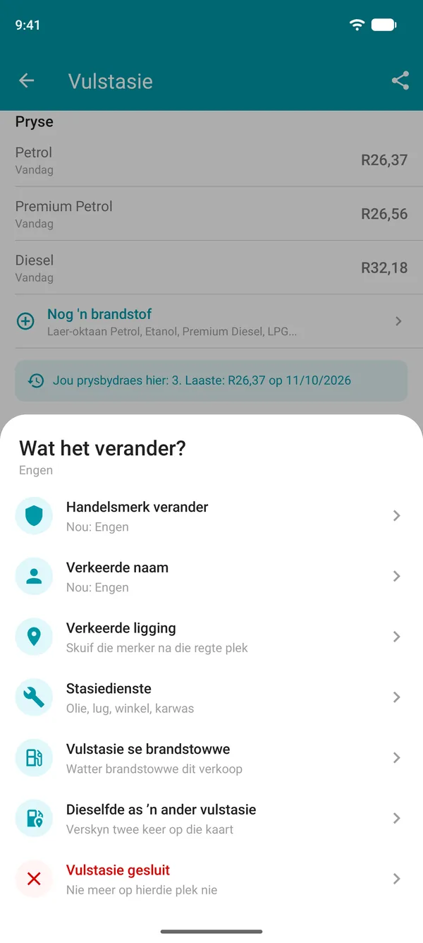 Opsies om 'n verandering voor te stel in die Drivvo-app: handelsmerk, naam, ligging, dienste, brandstowwe, duplikaat of geslote vulstasie