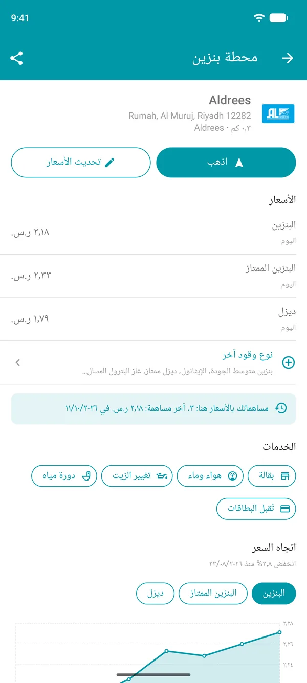 تفاصيل محطة بنزين في تطبيق Drivvo تعرض أسعار الوقود والخدمات والرسم البياني لسجل الأسعار