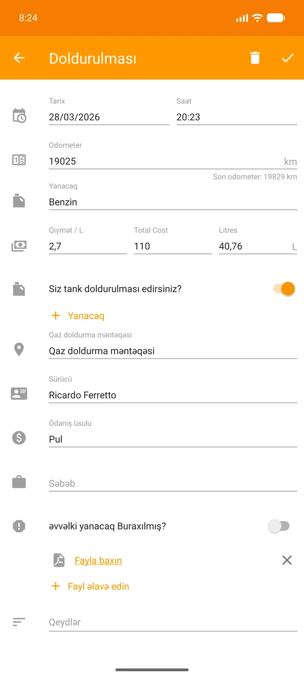 Drivvo — Qeydiyyat — Yanacaq izlənməsi
