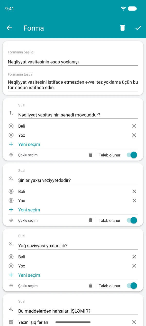 Drivvo tətbiqində bəli və ya xeyr sualları və məcburi sahə ilə yoxlama siyahısı formasının yaradılması