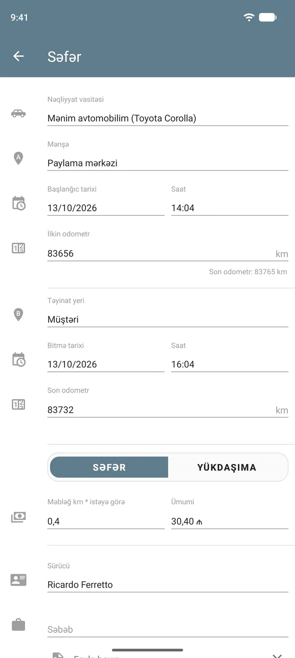 Səfər rejimində başlanğıc və təyinat nöqtələri, odometr göstəriciləri, məsafə vahidinə görə tarif və ümumi məbləğ olan səfər qeydi