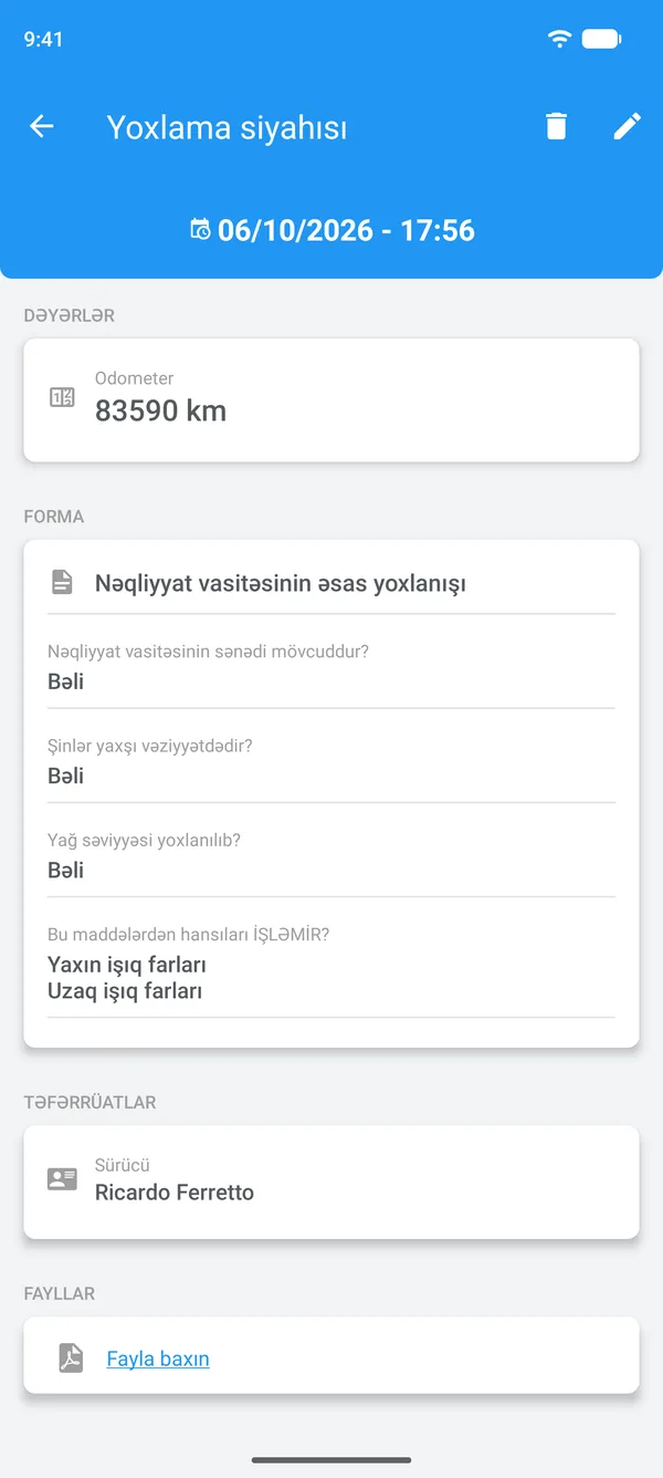 Drivvo-da cavablar, sürücü və əlavə edilmiş fayl ilə tamamlanmış yoxlama siyahısı