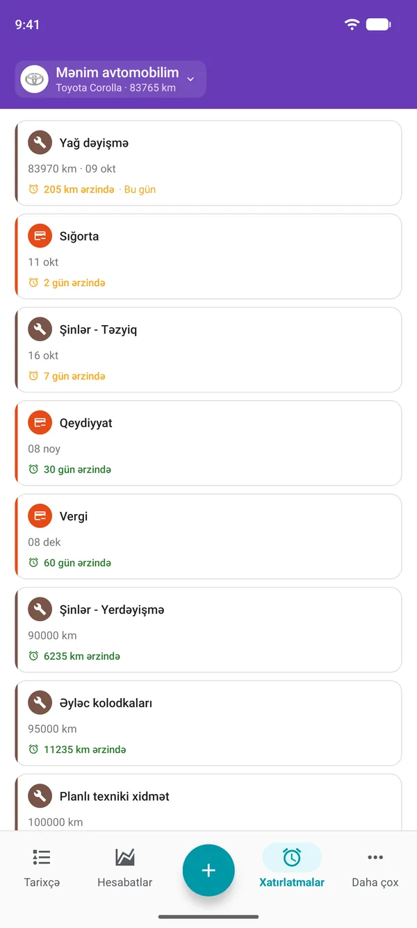 Drivvo tətbiqində texniki xidmət, qeydiyyat və vergilər üzrə, hər birinin vaxtına nə qədər qaldığını göstərən xatırlatmalar
