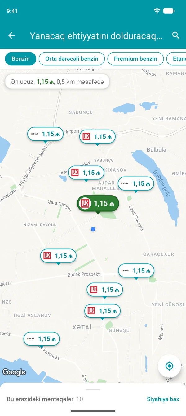 Drivvo tətbiqində yaxınlığınızdakı hər qaz doldurma məntəqəsində benzinin qiymətini göstərən xəritə, ən ucuzu yaşıl rəngdədir