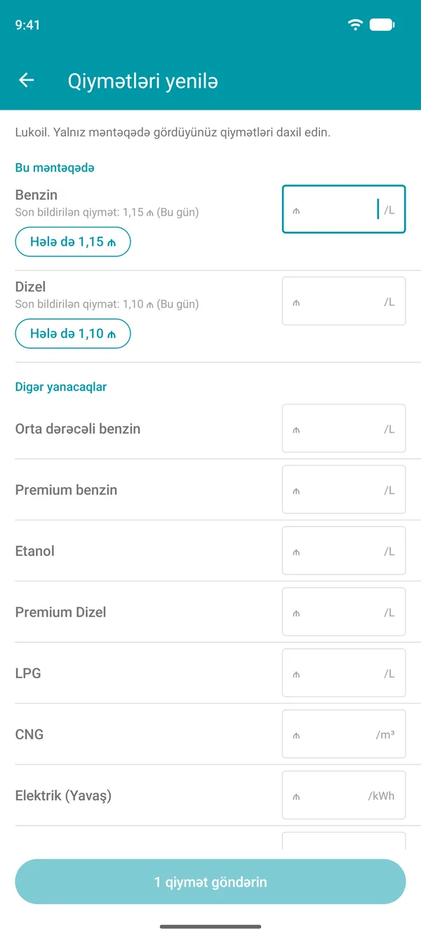 Drivvo tətbiqində hər yanacaq üzrə son bildirilən qiymət və təsdiq düyməsi olan Qiymətləri yenilə ekranı