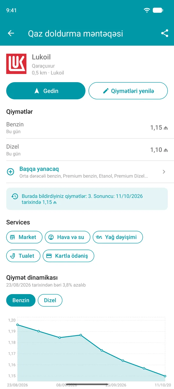 Drivvo tətbiqində yanacaq qiymətləri, xidmətlər və qiymət tarixçəsi qrafiki ilə qaz doldurma məntəqəsi haqqında məlumat