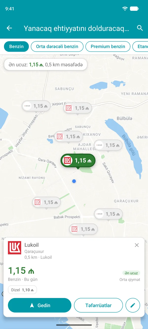Drivvo tətbiqində açılmış ən ucuz məntəqə: yanacaq qiymətləri, məsafə və Gedin düyməsi