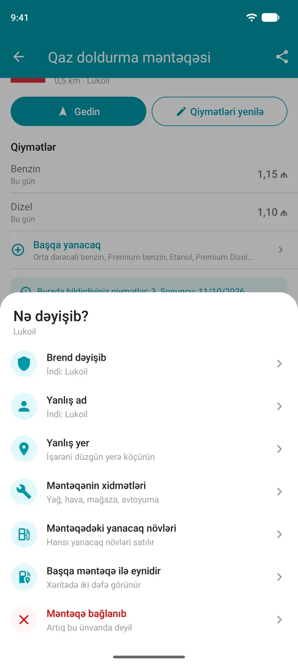 Drivvo tətbiqində Dəyişiklik təklif edin seçimləri: brend, ad, yer, xidmətlər, yanacaq növləri, təkrarlanan və ya bağlanmış məntəqə