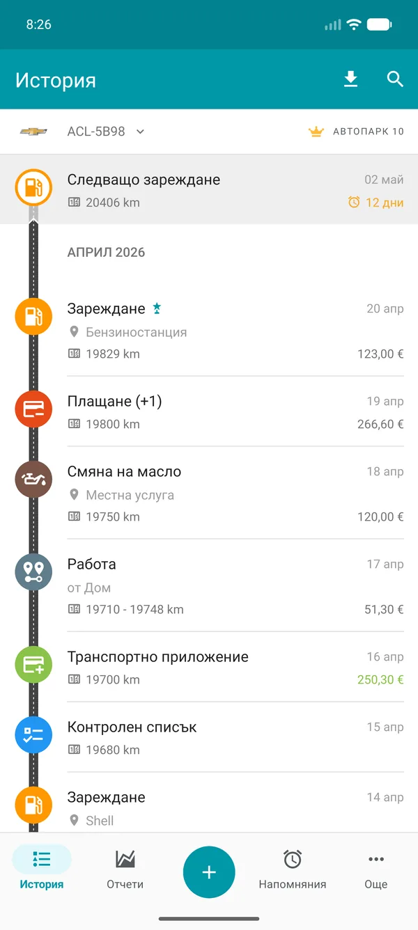 Drivvo — История на записите