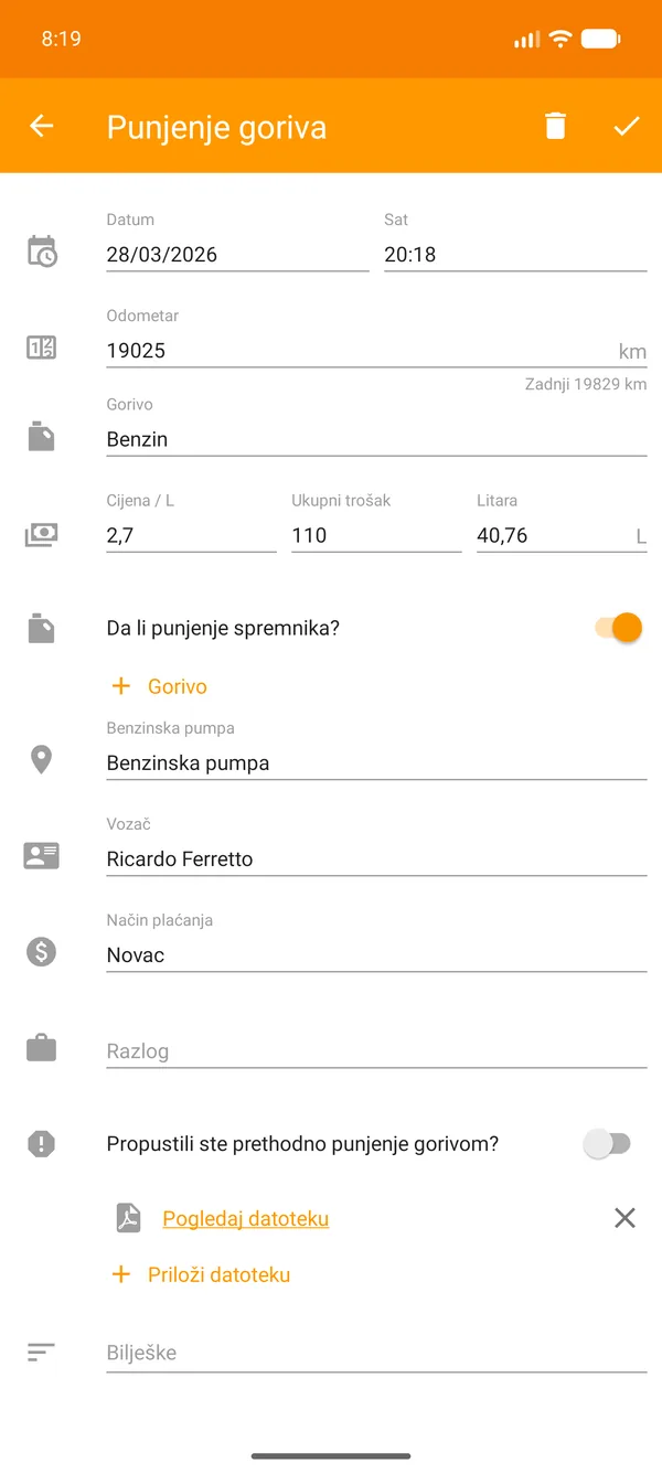 Drivvo — Registracija — Praćenje goriva