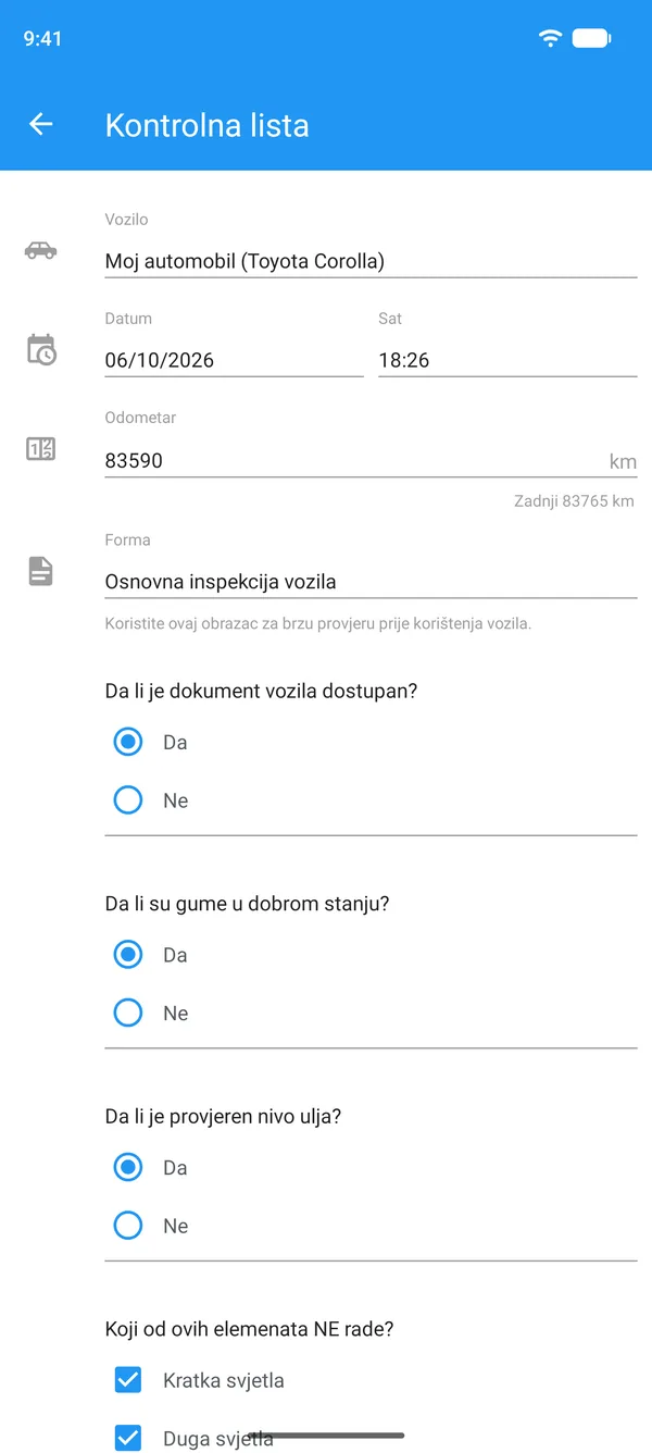 Kontrolna lista vozila popunjena na telefonu, s vozilom, kilometražom i odgovorima da ili ne