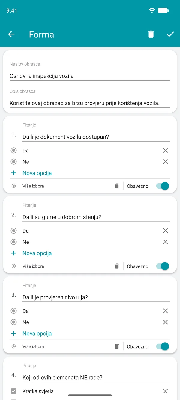 Izrada obrasca kontrolne liste u aplikaciji Drivvo, s pitanjima na koja se odgovara da ili ne i obaveznim poljem