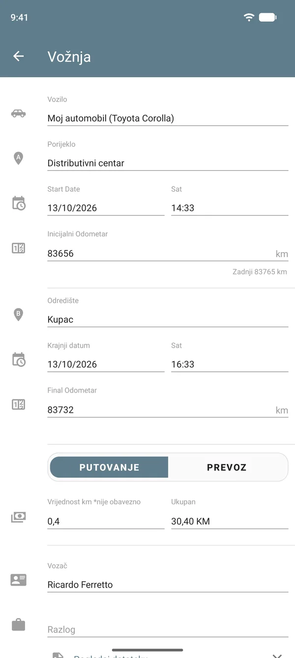 Unos vožnje s polazištem, odredištem, očitanjima kilometraže, cijenom po udaljenosti i ukupnim iznosom