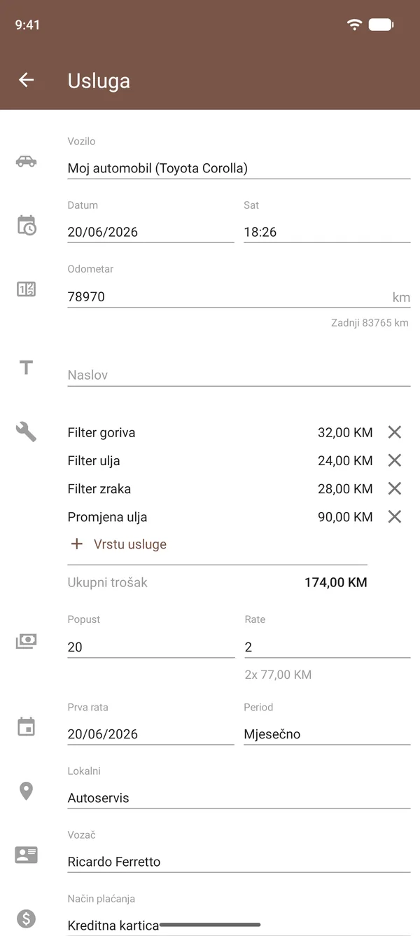 Zapis o servisu u Drivvo s promjenom ulja, filterima, troškovima, kilometražom i lokacijom