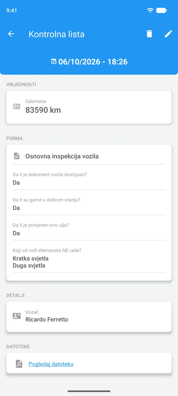 Popunjena kontrolna lista u Drivvo aplikaciji, s odgovorima, vozačem i priloženom datotekom
