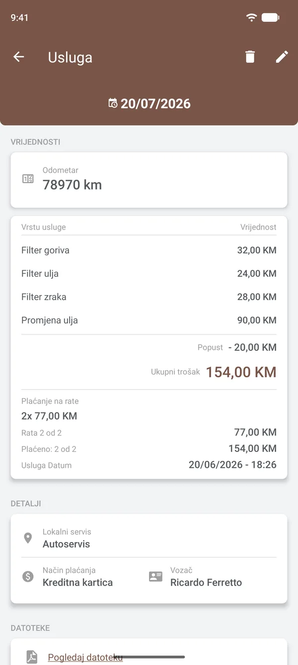 Detalji servisa sa stavkama, popustom, ratama, lokacijom i vozačem