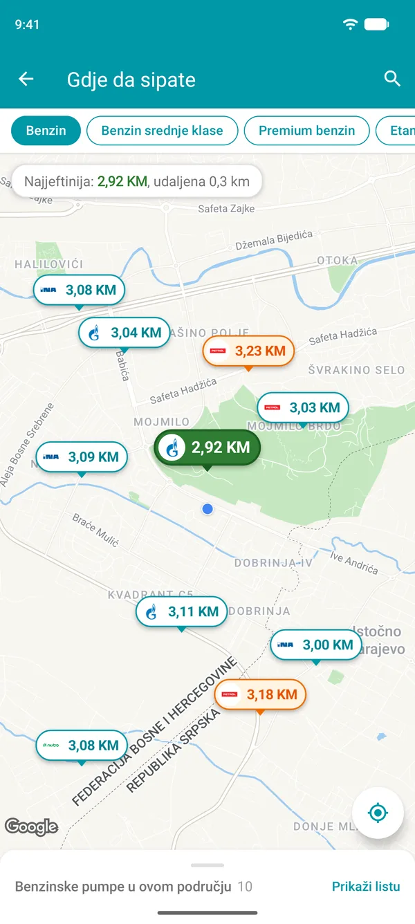 Mapa u aplikaciji Drivvo s cijenom benzina na svakoj benzinskoj pumpi u blizini i najjeftinijom označenom zelenom bojom