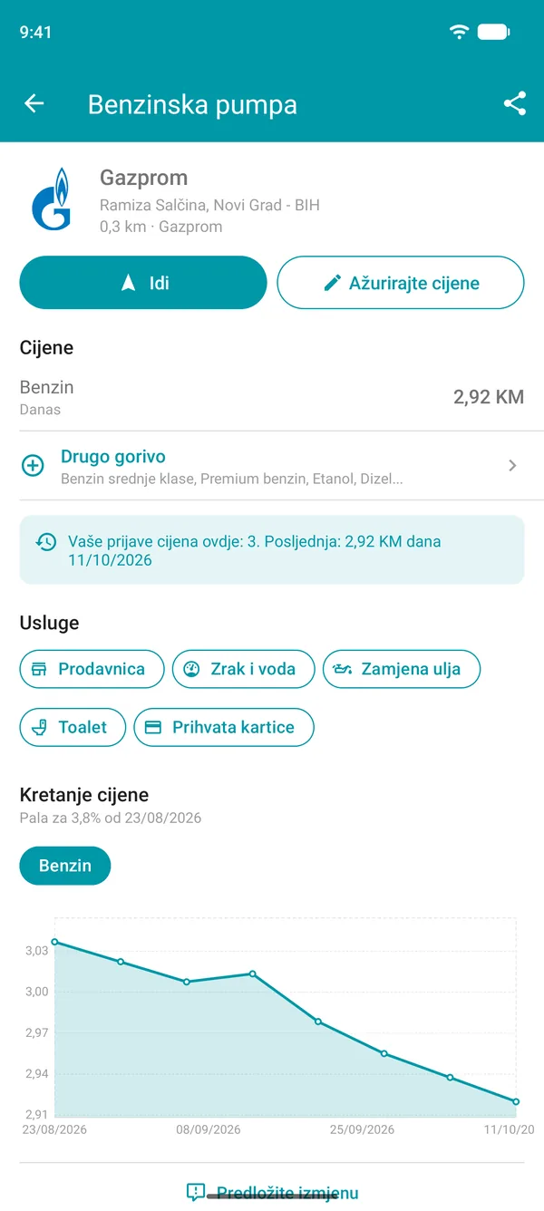 Detalji benzinske pumpe u aplikaciji Drivvo s cijenama goriva, uslugama i grafikonom historije cijena