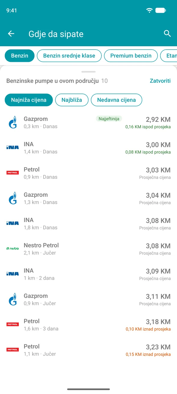 Lista benzinskih pumpi u vašoj blizini u aplikaciji Drivvo, od najniže cijene naviše, uz mogućnost sortiranja po udaljenosti