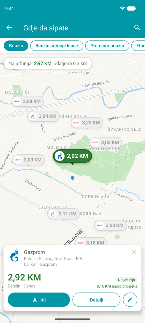 Prikaz najjeftinije pumpe u aplikaciji Drivvo, s cijenama goriva, udaljenošću i dugmetom Idi