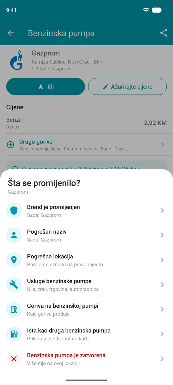 Opcije Predložite izmjenu u aplikaciji Drivvo: brend, naziv, lokacija, usluge, goriva, duplikat ili zatvorena benzinska pumpa