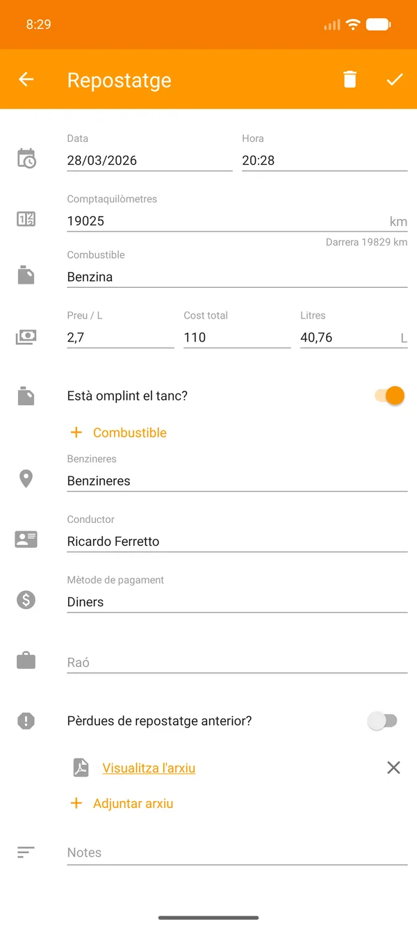 Drivvo — Registre — Seguiment del combustible
