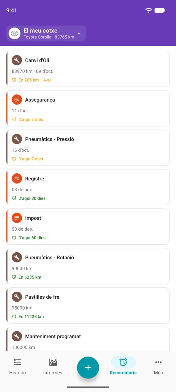 Recordatoris a l'app Drivvo de la revisió, la matriculació i els impostos, amb el temps que falta fins a cada venciment