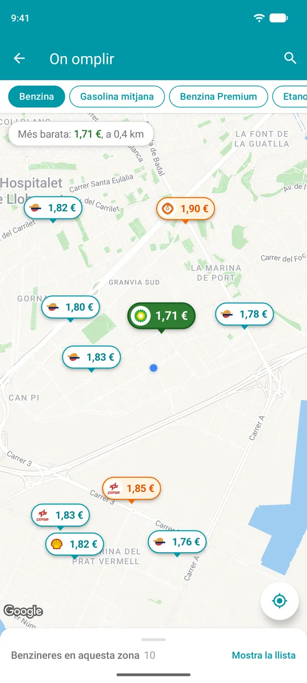 Mapa de l'app Drivvo amb el preu de la gasolina a cada benzinera propera i la més barata en verd