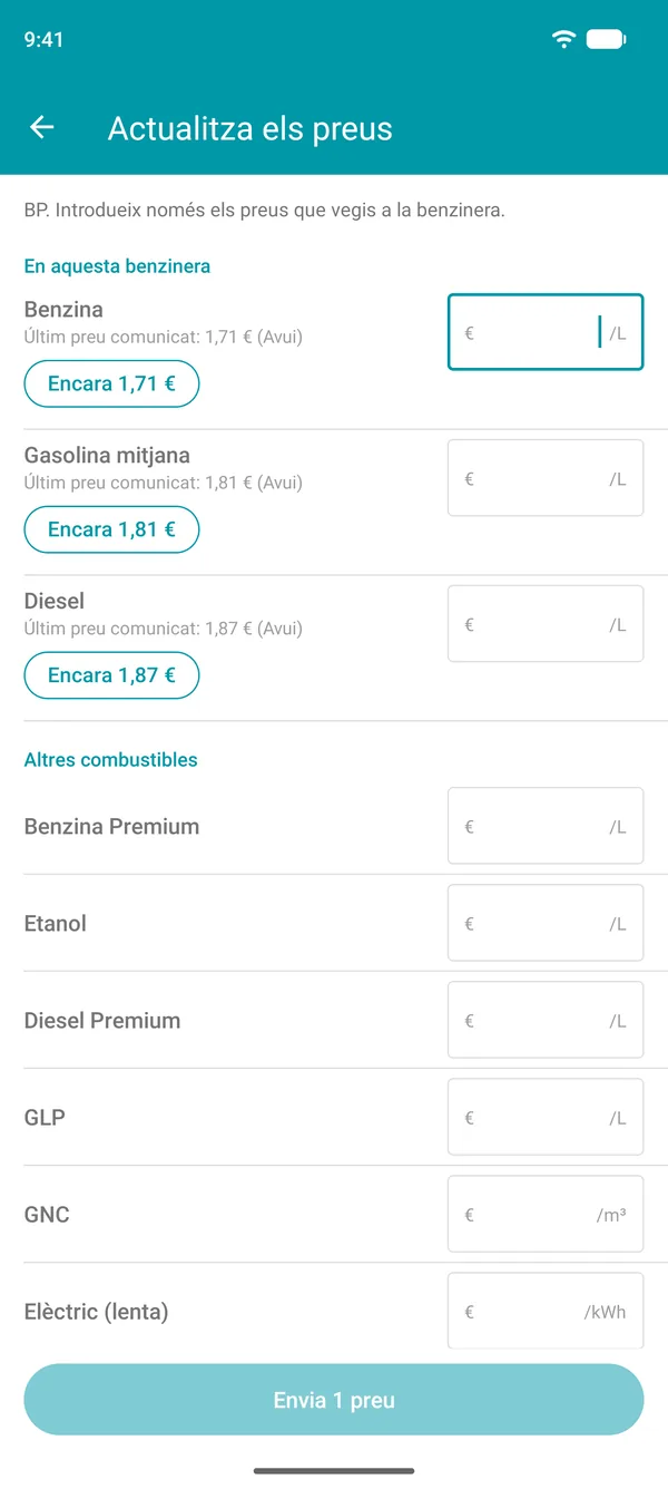 Pantalla Actualitza els preus de l'app Drivvo, amb l'últim preu comunicat de cada combustible i un botó per confirmar-lo