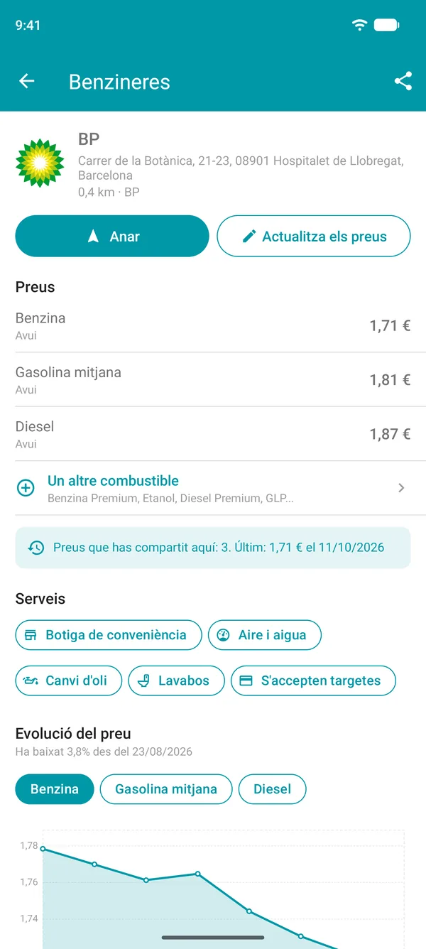 Detalls d'una benzinera a l'app Drivvo amb preus dels combustibles, serveis i un gràfic de l'historial de preus