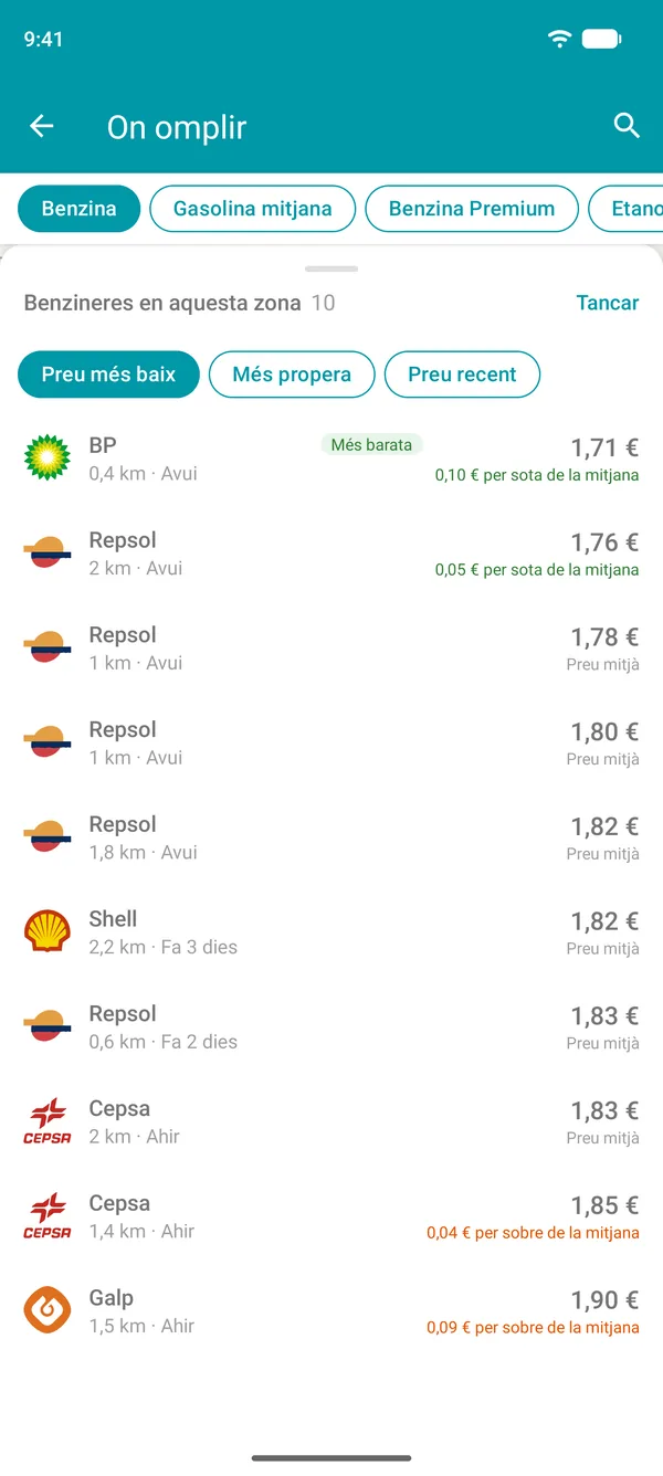 Llista de benzineres properes a l'app Drivvo, ordenades de més barata a més cara, amb l'opció d'ordenar-les per distància