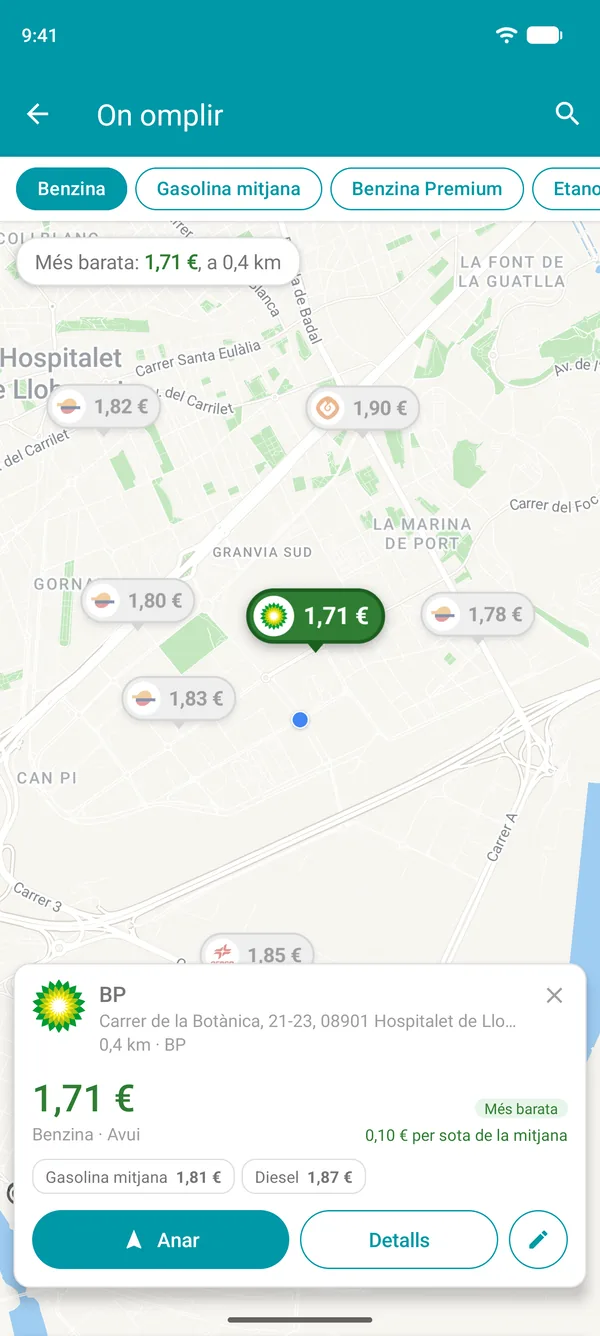 La benzinera més barata oberta a l'app Drivvo, amb els preus del combustible, la distància i el botó Anar
