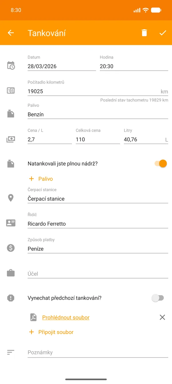 Drivvo — Registrace — Sledování paliva