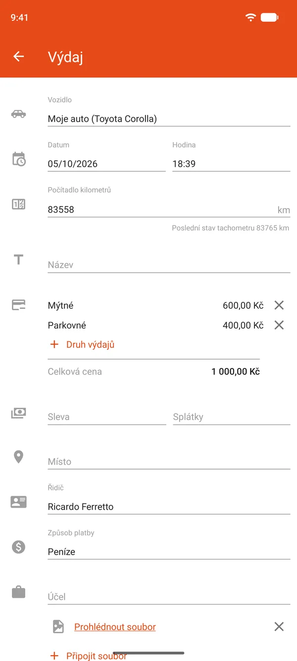Záznam výdaje za parkování a mýtné se slevou a splátkami