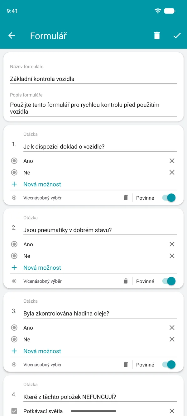 Vytváření formuláře kontrolního seznamu v aplikaci Drivvo s otázkami ano/ne a povinným polem