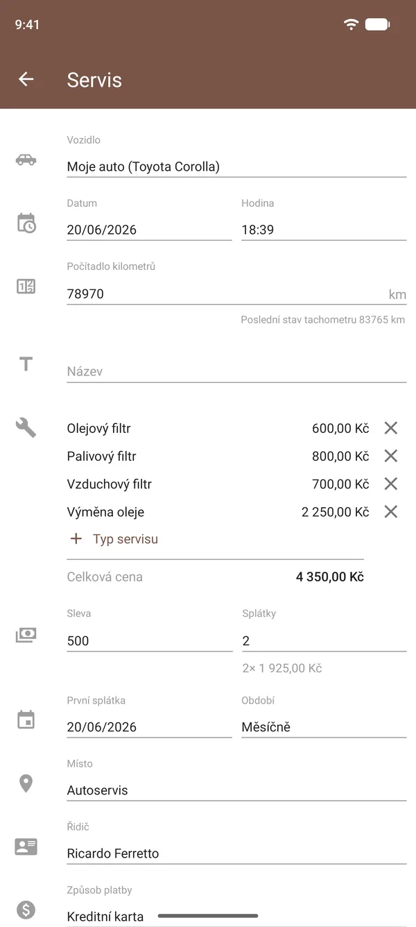 Záznam servisu v Drivvo s výměnou oleje, filtry, náklady, stavem tachometru a místem
