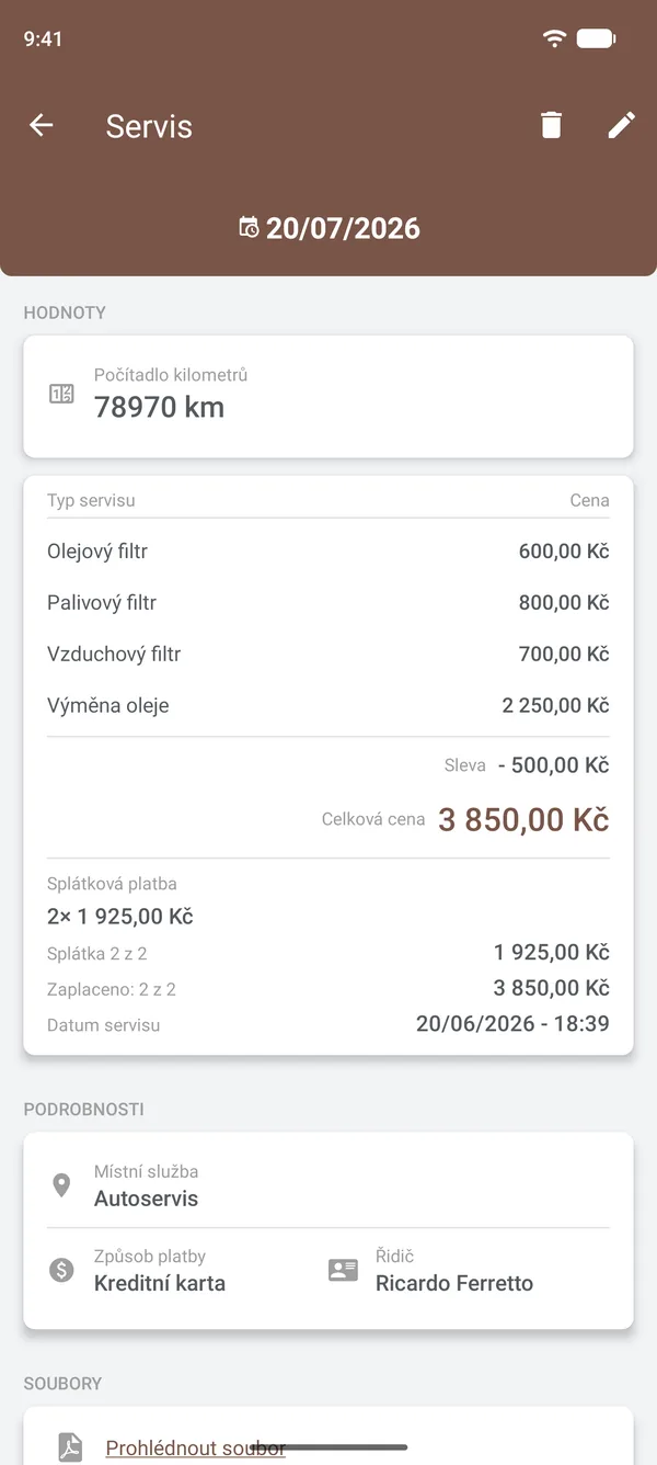 Podrobnosti servisu s položkami, slevou, splátkami, místem a řidičem