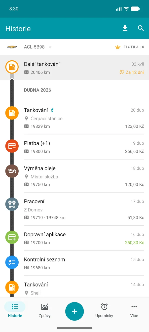 Drivvo — Historie záznamů