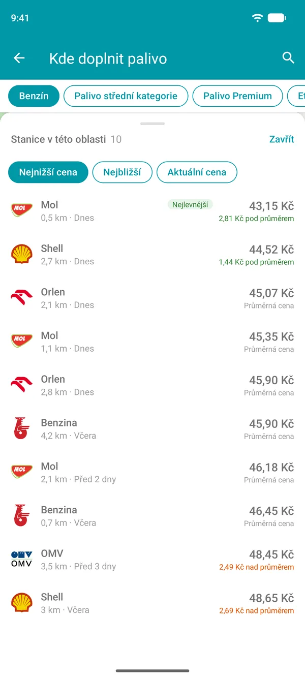 Seznam čerpacích stanic ve vašem okolí v aplikaci Drivvo, seřazený od nejnižší ceny, s možností řazení podle vzdálenosti