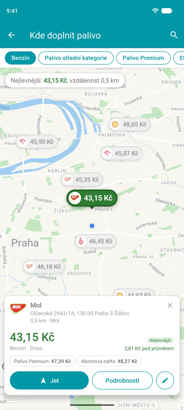 Detail nejlevnější čerpací stanice v aplikaci Drivvo s cenami paliva, vzdáleností a tlačítkem Jet