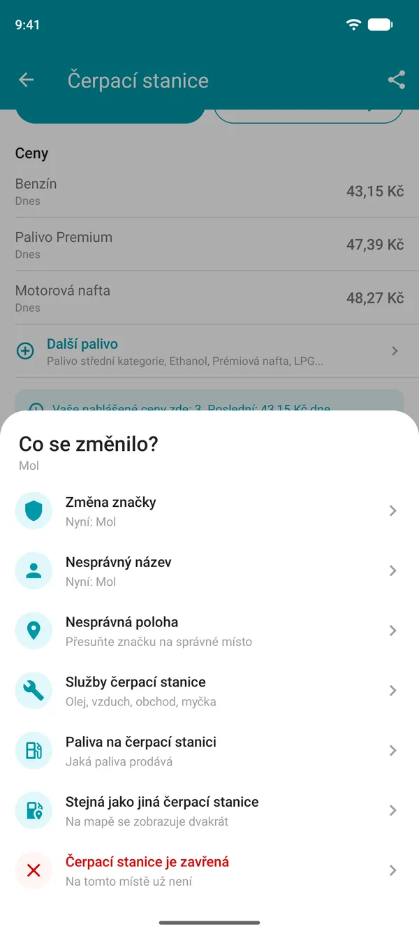 Možnosti Navrhnout změnu v aplikaci Drivvo: značka, název, poloha, služby, paliva, duplicitní nebo uzavřená čerpací stanice